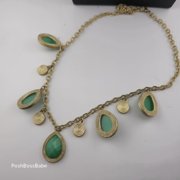 Gold & Green Stone Teardrop Charm Necklace - 16.5"-19.5" - Picture 6 of 8